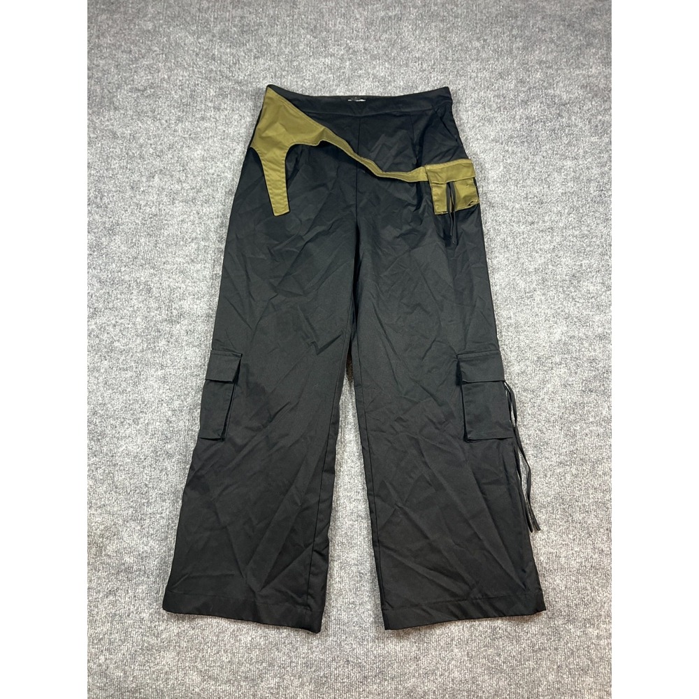 Pretty Little Thing Cargo Pants Womens 10 Black Contrast Panel Pocket Wide Leg